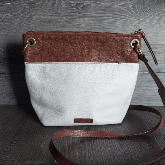 Fossil Keely Ivory/Brown Pebble Leather Crossbody Bag - Picture 1 of 6